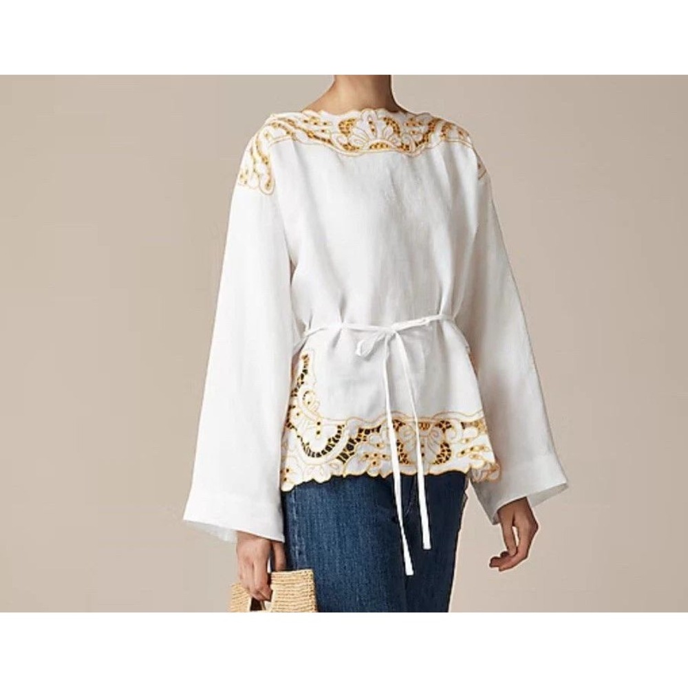 J.Crew Linen Embroidered Scallop Hem Boatneck Top White Yellow XS Oversize CI560